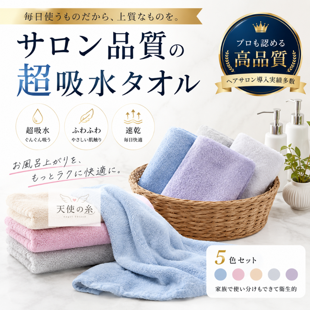 天使の糸【5枚セット】フェイスタオル マイクロファイバー ヘアタオル ヘアドライタオル 超吸水 速乾タオル 吸水タオル 吸水速乾 サロン品質 福袋