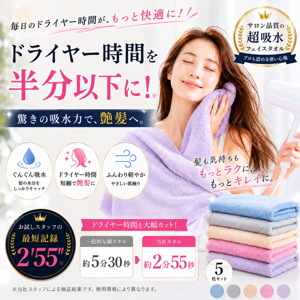 天使の糸【5枚セット】フェイスタオル マイクロファイバー ヘアタオル ヘアドライタオル 超吸水 速乾タオル 吸水タオル 吸水速乾 サロン品質 福袋